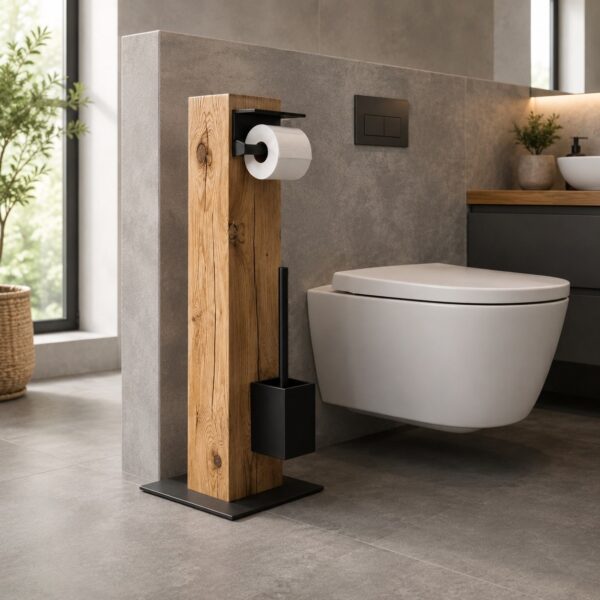 Porte-papier toilette sur pied en chêne massif, vue principale, en chêne