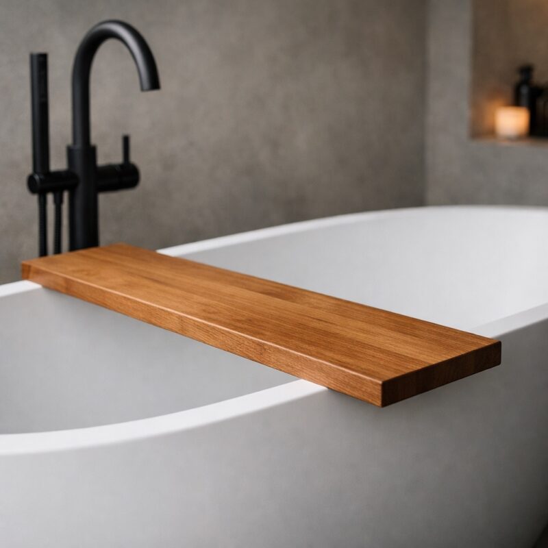 Plateau de baignoire en bois massif, en chêne, dans une salle de bains