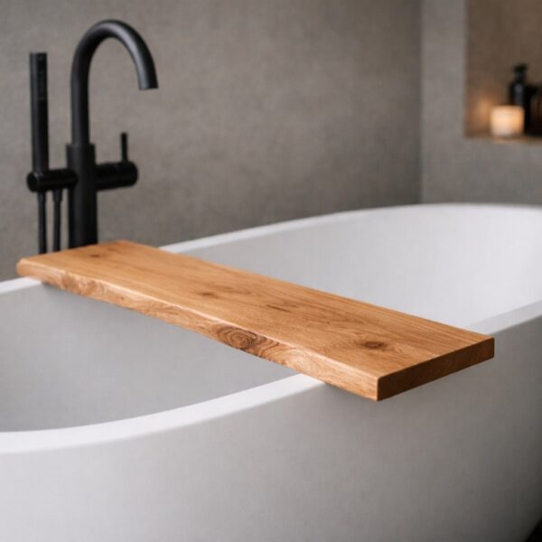 Plateau De Baignoire En Bois Massif, En Chêne, Avec Bord Naturel, Dans Une Salle De Bains