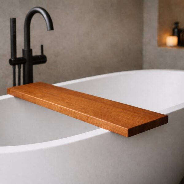 Plateau De Baignoire En Bois Massif, En Merisier, Dans Une Salle De Bains