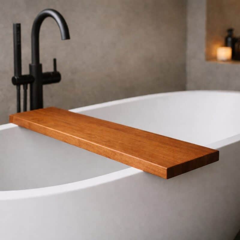 Plateau de baignoire en bois massif, en merisier, dans une salle de bains