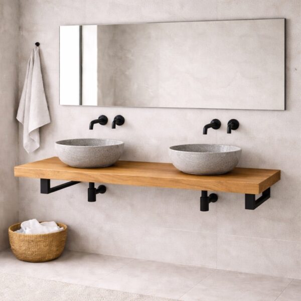 Plateau De Vasque En Bois Massif Sur Mesure, Dans Une Salle De Bains