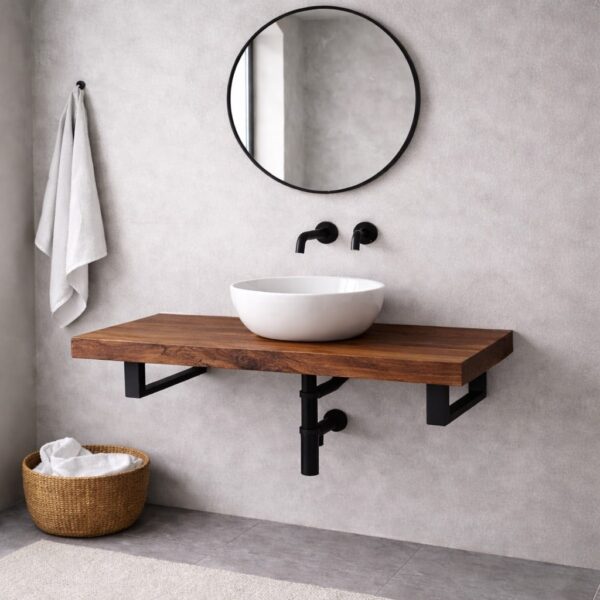 Plateau De Vasque En Bois Massif Sur Mesure, Dans Une Salle De Bains