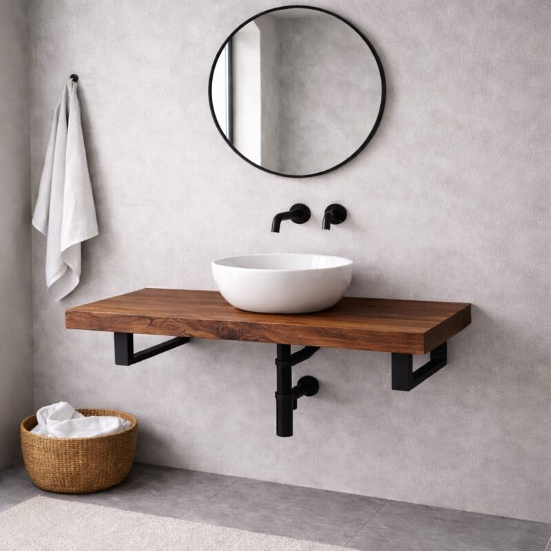 Plateau de vasque en bois massif sur mesure, dans une salle de bains