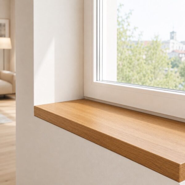 Appui De Fenêtre En Bois Massif Sur Mesure, En Chêne, Vue De Détail, Installé À La Fenêtre
