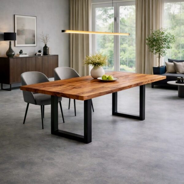 Table À Manger En Pommier Massif Sur Mesure, En Pommier, Avec Piètement En Acier