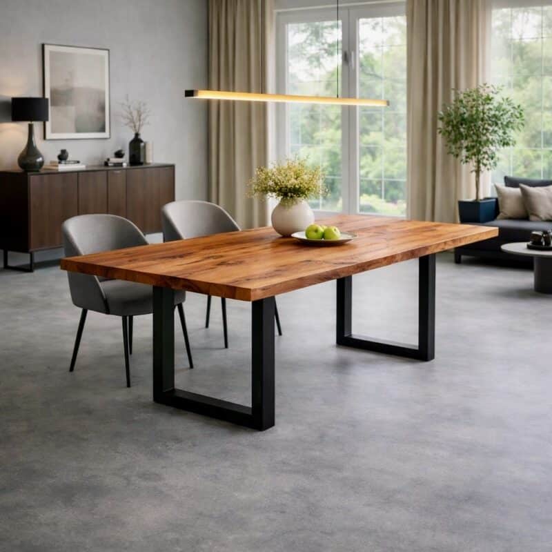 Table à manger en pommier massif sur mesure, en pommier, avec piètement en acier