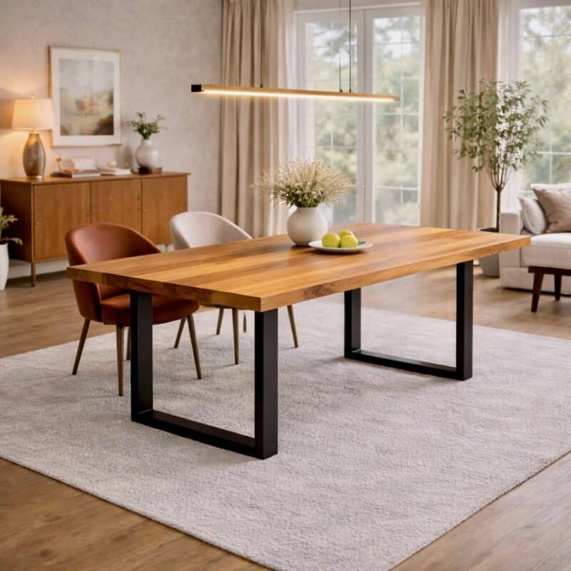 Table à manger en poirier massif sur mesure, en poirier, avec piètement en acier