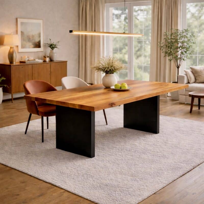 Table à manger en poirier massif sur mesure, en poirier, avec piètement en acier