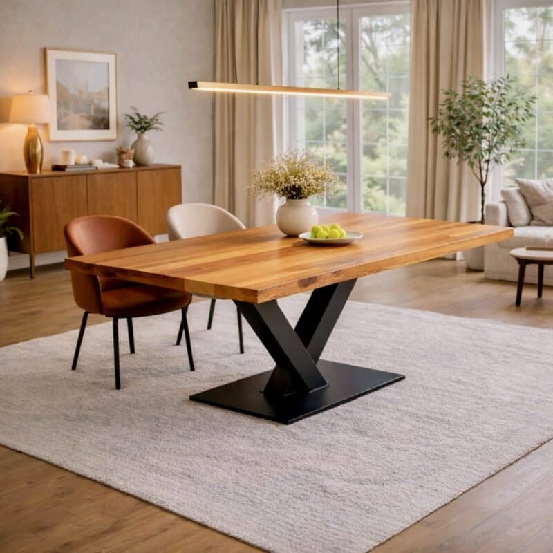 Table à manger en poirier massif sur mesure, en poirier, avec piètement en acier