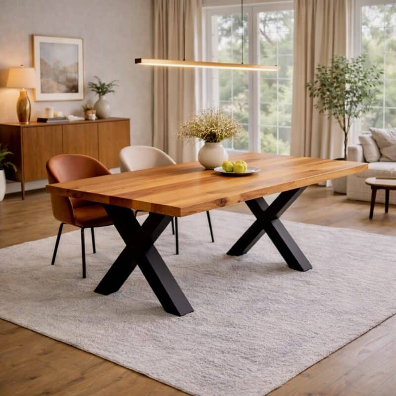 Table à manger en poirier massif sur mesure, en poirier, avec piètement en acier