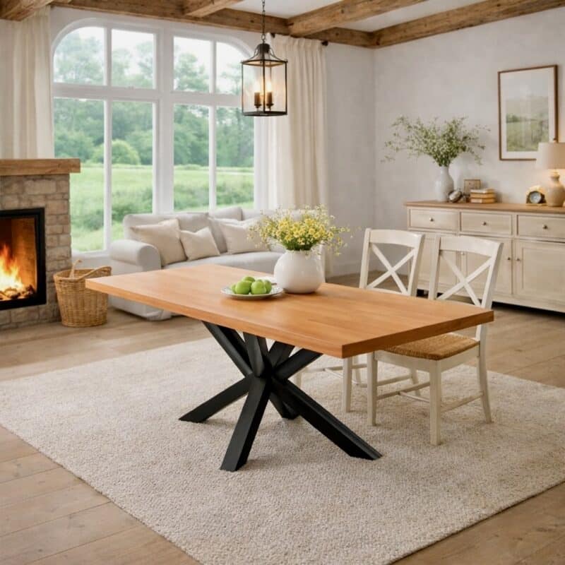 Table à manger en hêtre massif sur mesure, en hêtre, avec piètement en acier