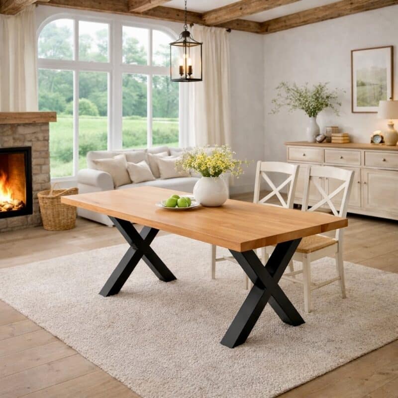 Table à manger en hêtre massif sur mesure, en hêtre, avec piètement en acier