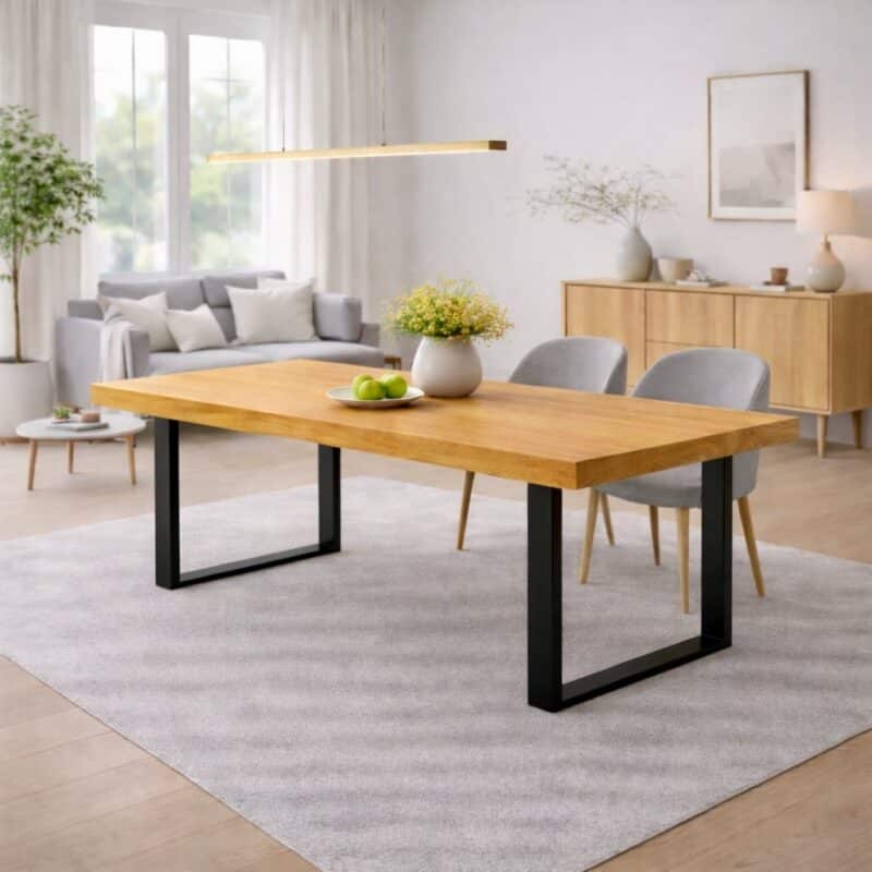 Table à manger en aulne massif sur mesure, en aulne, avec piètement en acier