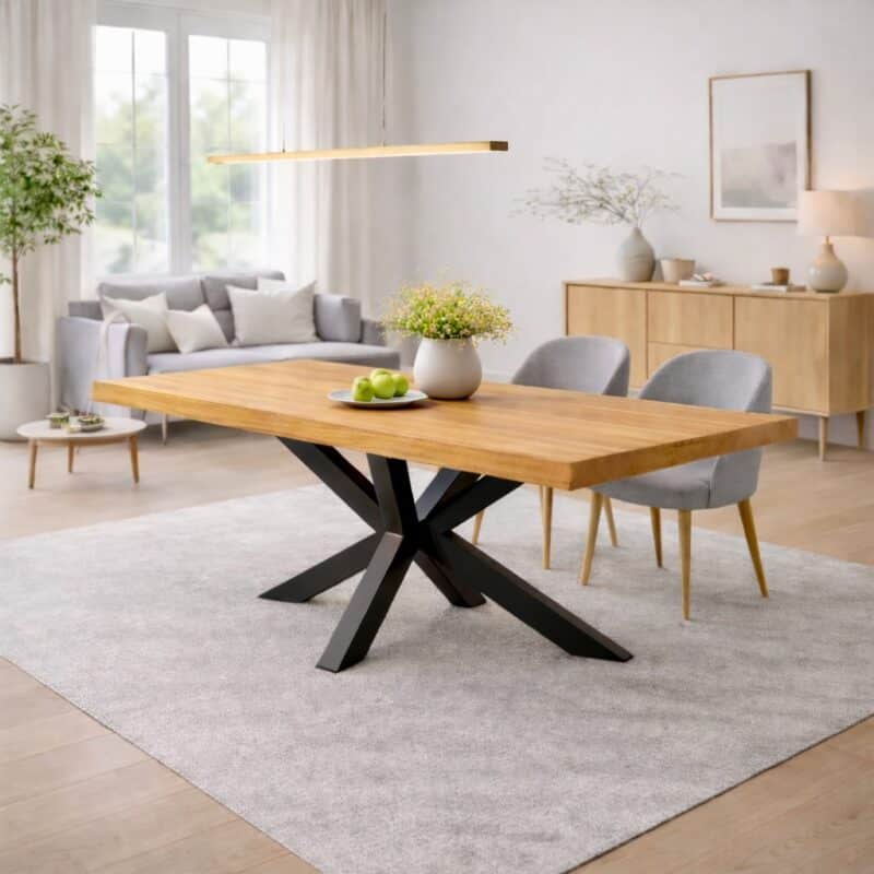 Table à manger en aulne massif sur mesure, en aulne, avec piètement en acier