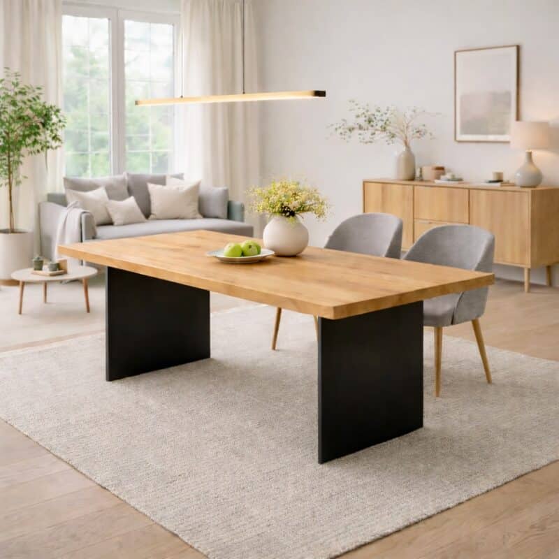 Table à manger en aulne massif sur mesure, en aulne, avec piètement en acier