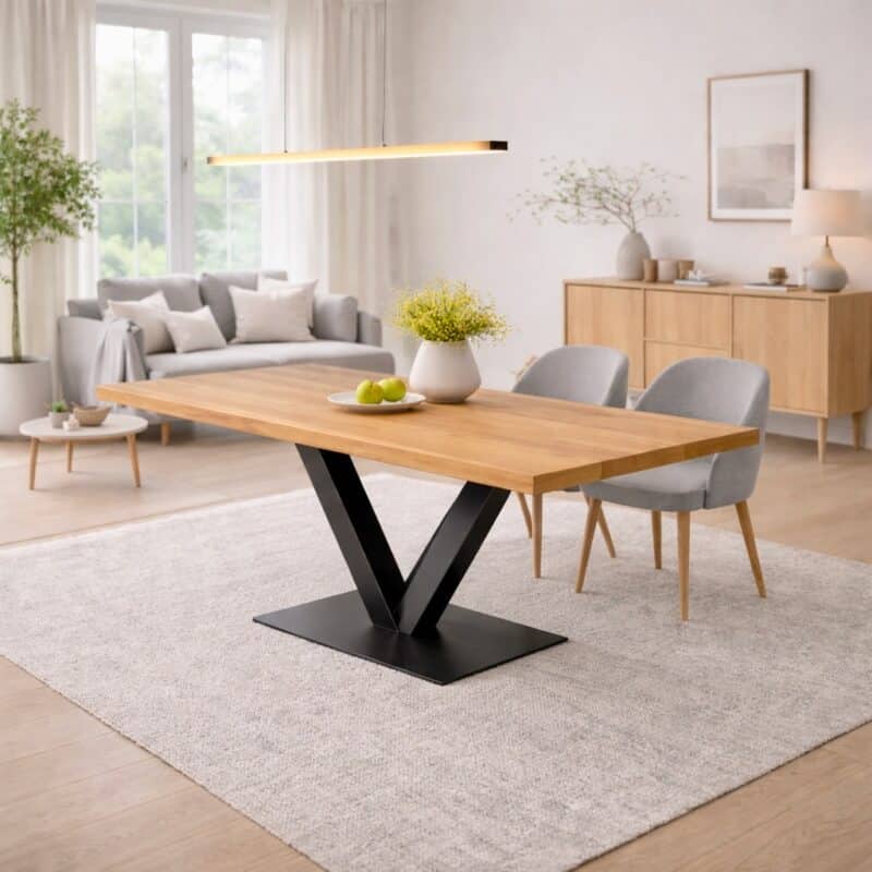 Table à manger en aulne massif sur mesure, en aulne, avec piètement en acier
