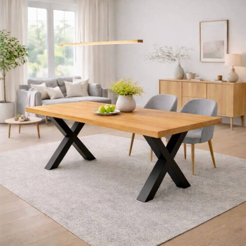 Table à manger en aulne massif sur mesure, en aulne, avec piètement en acier