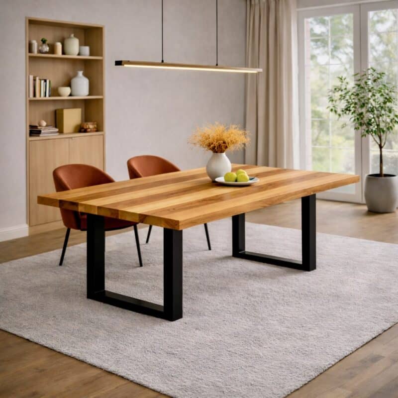 Table à manger en frêne massif sur mesure, en frêne, avec piètement en acier