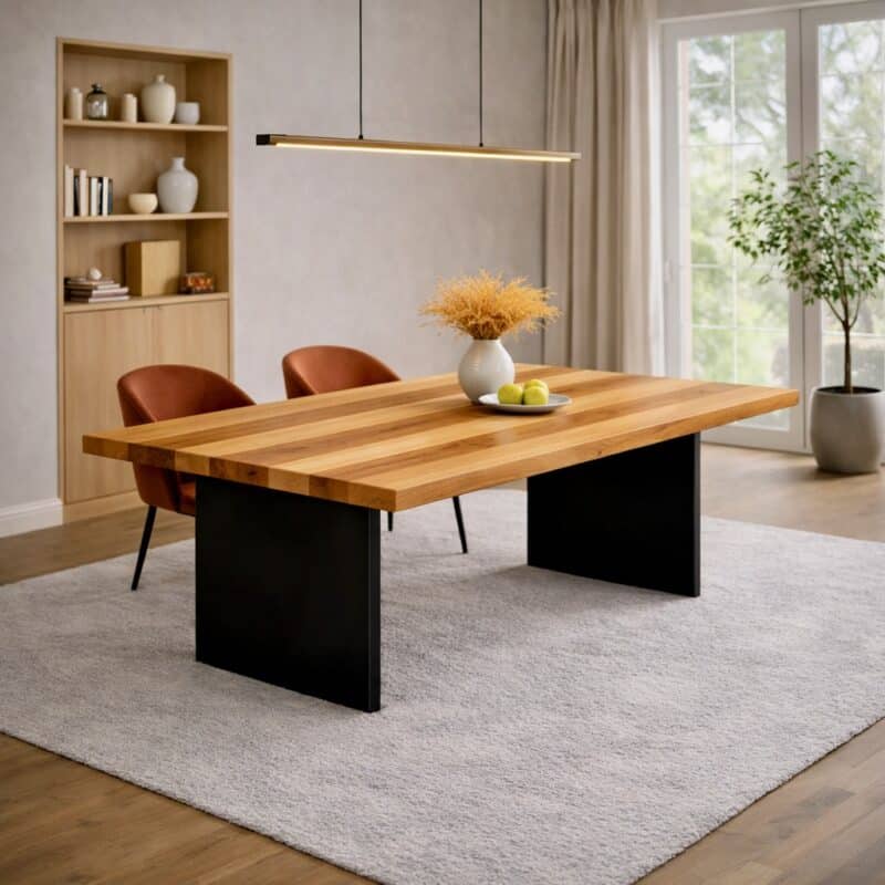 Table à manger en frêne massif sur mesure, en frêne, avec piètement en acier