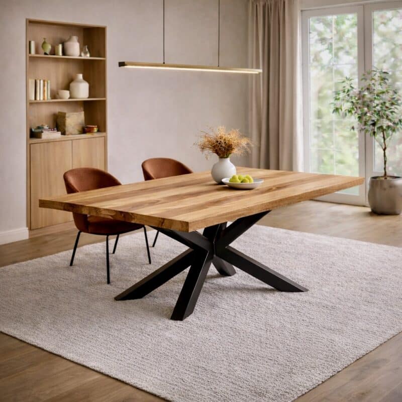 Table à manger en frêne massif sur mesure, en frêne, avec piètement en acier