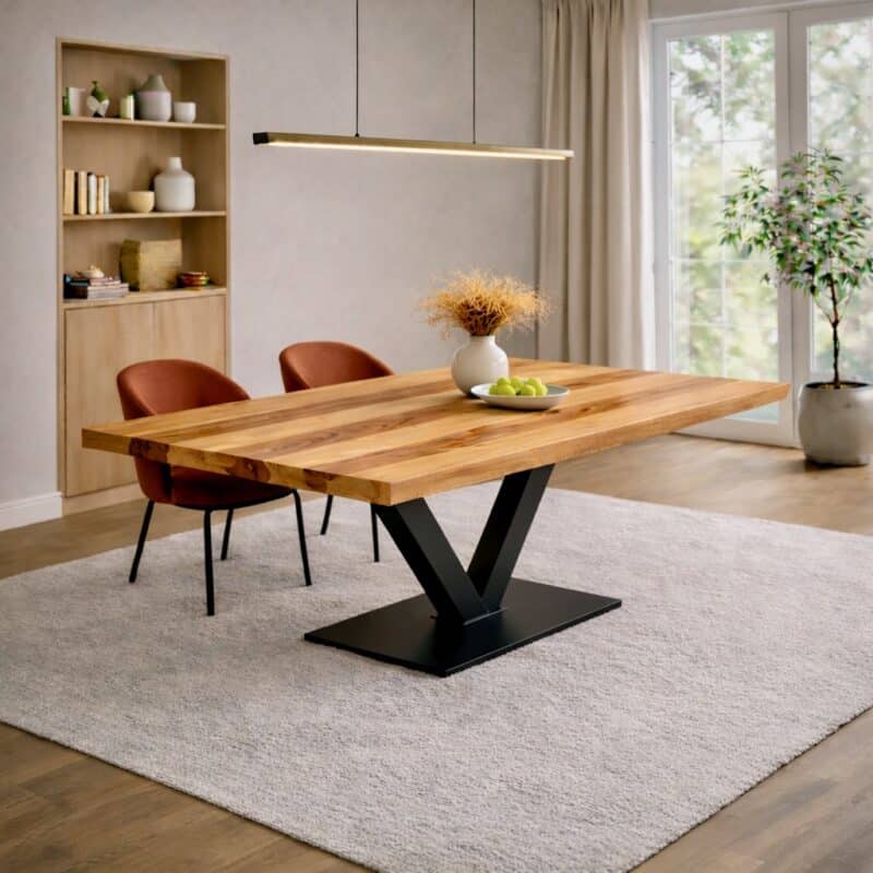 Table à manger en frêne massif sur mesure, en frêne, avec piètement en acier