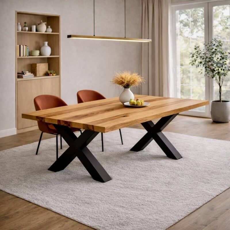 Table à manger en frêne massif sur mesure, en frêne, avec piètement en acier