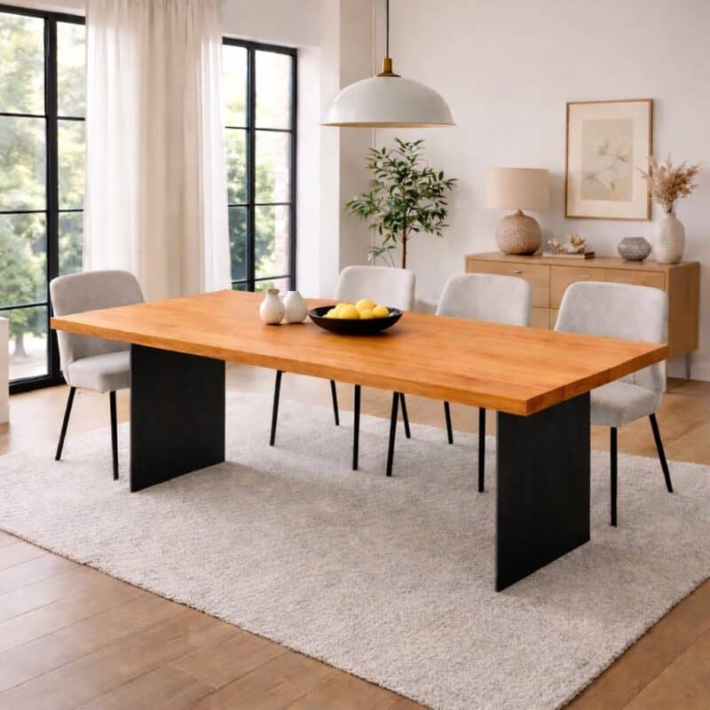 Table à manger en merisier massif sur mesure, en merisier, avec piètement en acier