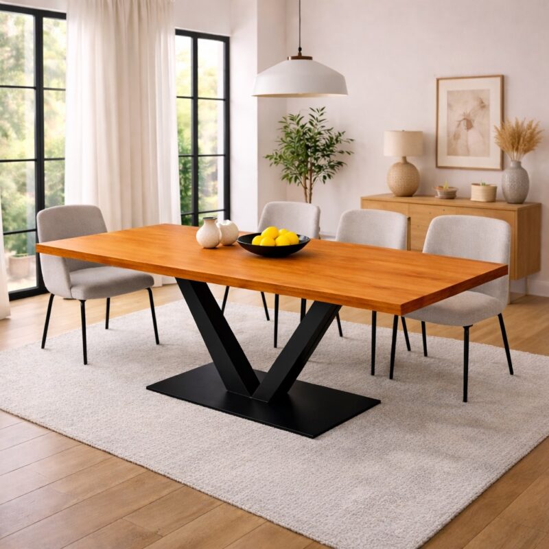 Table à manger en merisier massif sur mesure, en merisier, avec piètement en acier