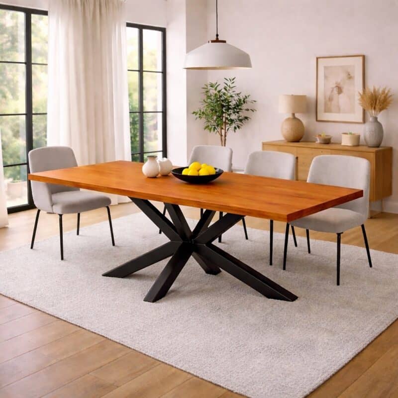 Table à manger en merisier massif sur mesure, en merisier, avec piètement en acier