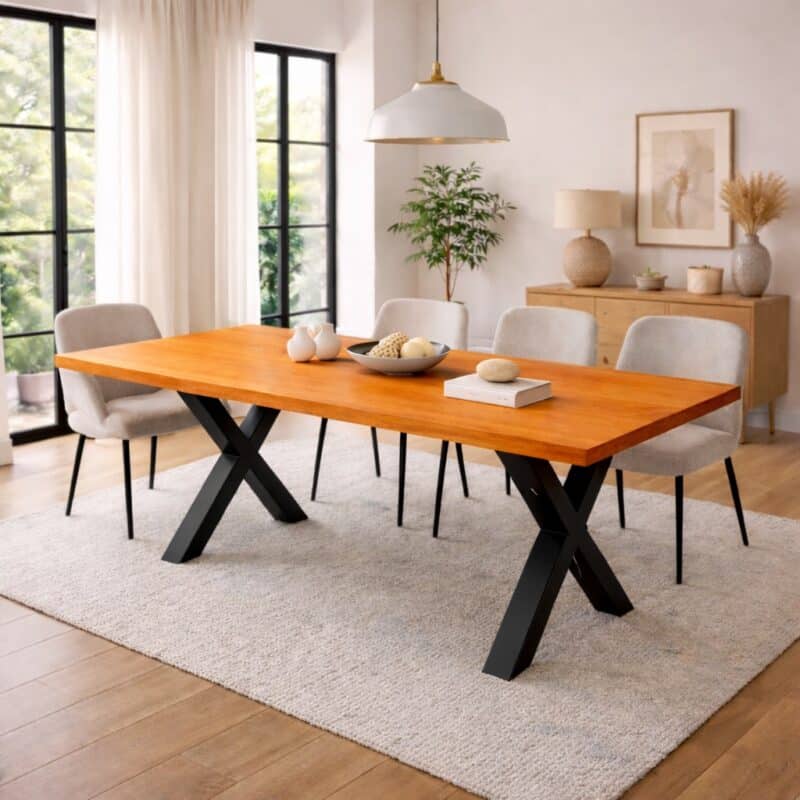 Table à manger en merisier massif sur mesure, en merisier, avec piètement en acier