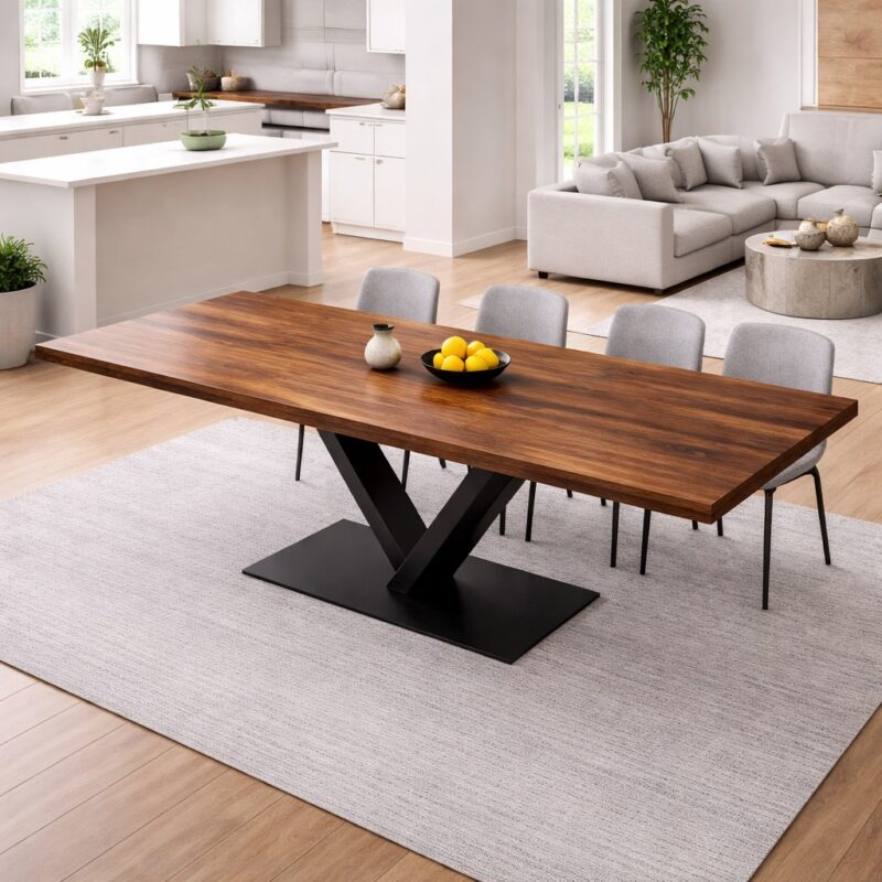 Table à manger en noyer massif sur mesure, en noyer, avec piètement en acier