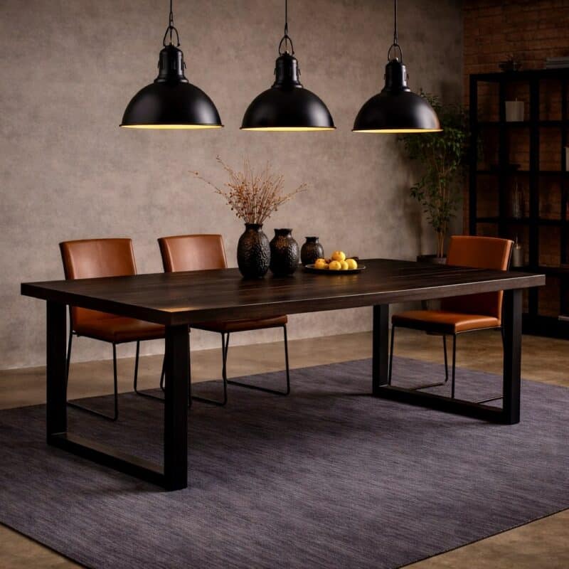 Table à manger en chêne fumé sur mesure, en chêne fumé, en chêne, avec piètement en acier