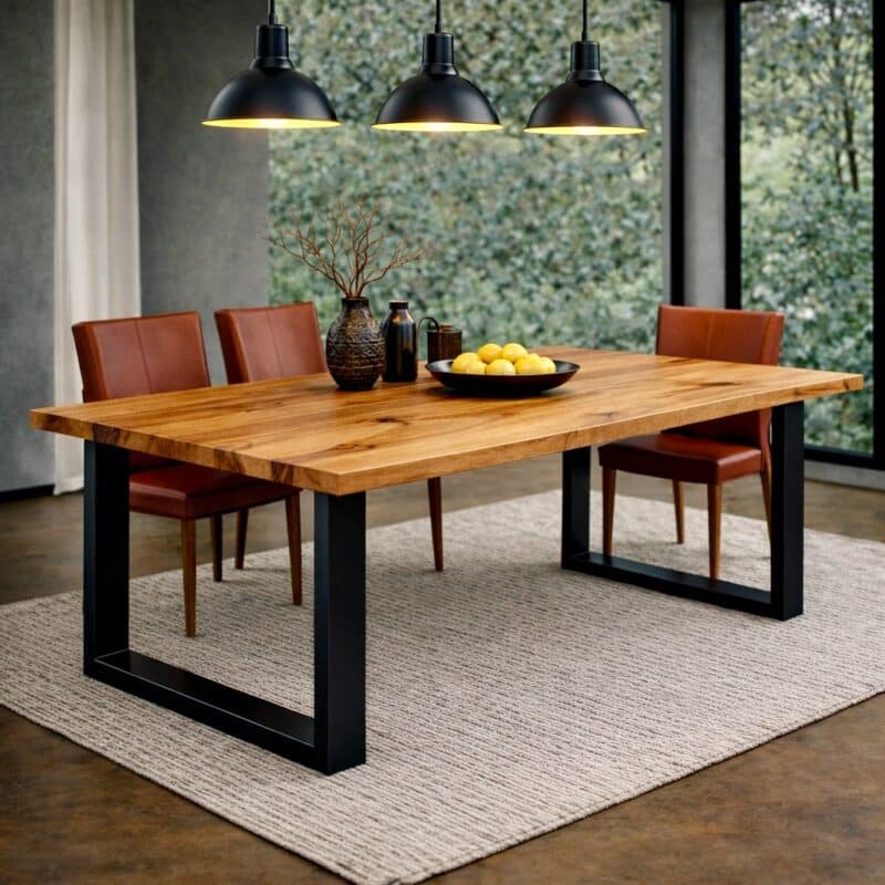 Table à manger en hêtre cœur massif sur mesure, en hêtre, avec piètement en acier