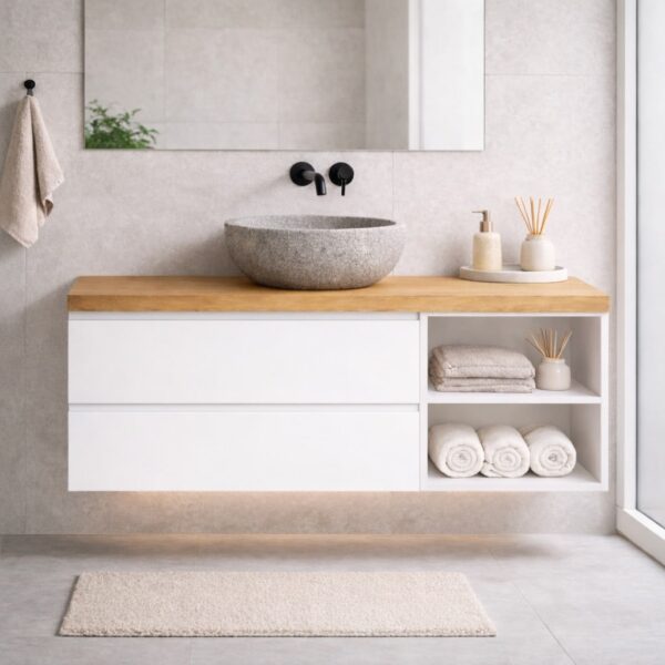 Meuble Vasque Sur Mesure Avec Plateau En Bois Massif, Avec Rangement Ouvert, Avec Niche Ouverte, Blanc