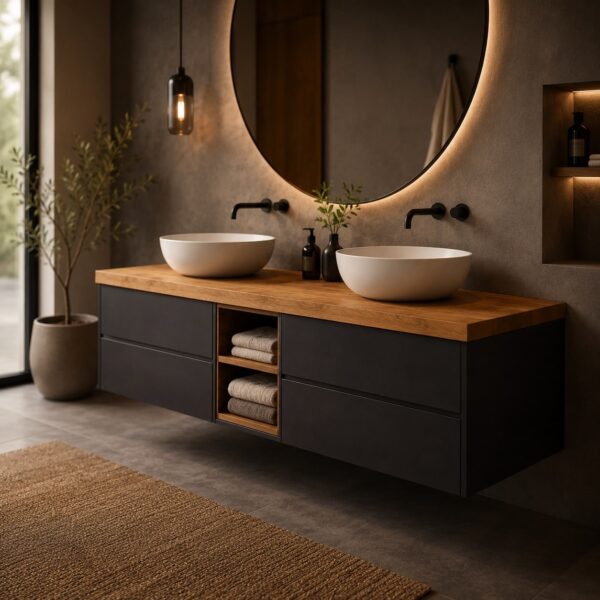 Meuble Vasque Sur Mesure Avec Plateau En Bois Massif, Vue Principale