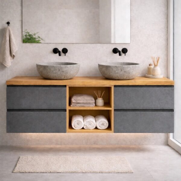 Meuble Vasque Sur Mesure Avec Plateau En Bois Massif, Avec Rangement Ouvert, Avec Niche Ouverte, Anthracite