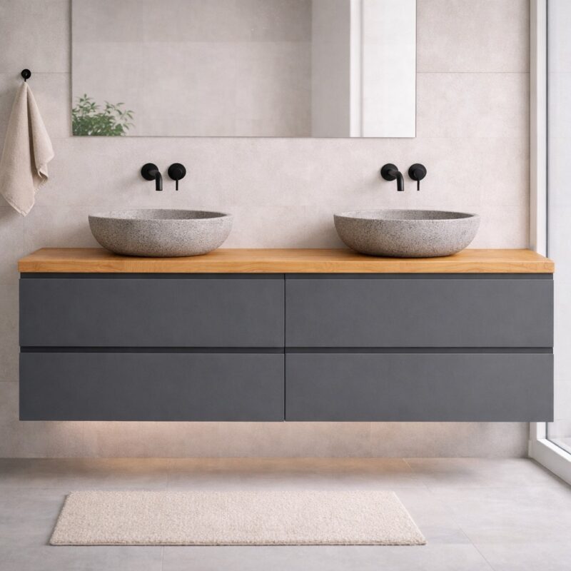 Meuble vasque sur mesure avec plateau en bois massif, gris graphite