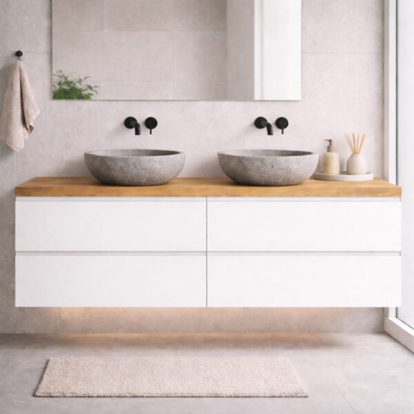 Meuble Vasque Sur Mesure Avec Plateau En Bois Massif, Blanc