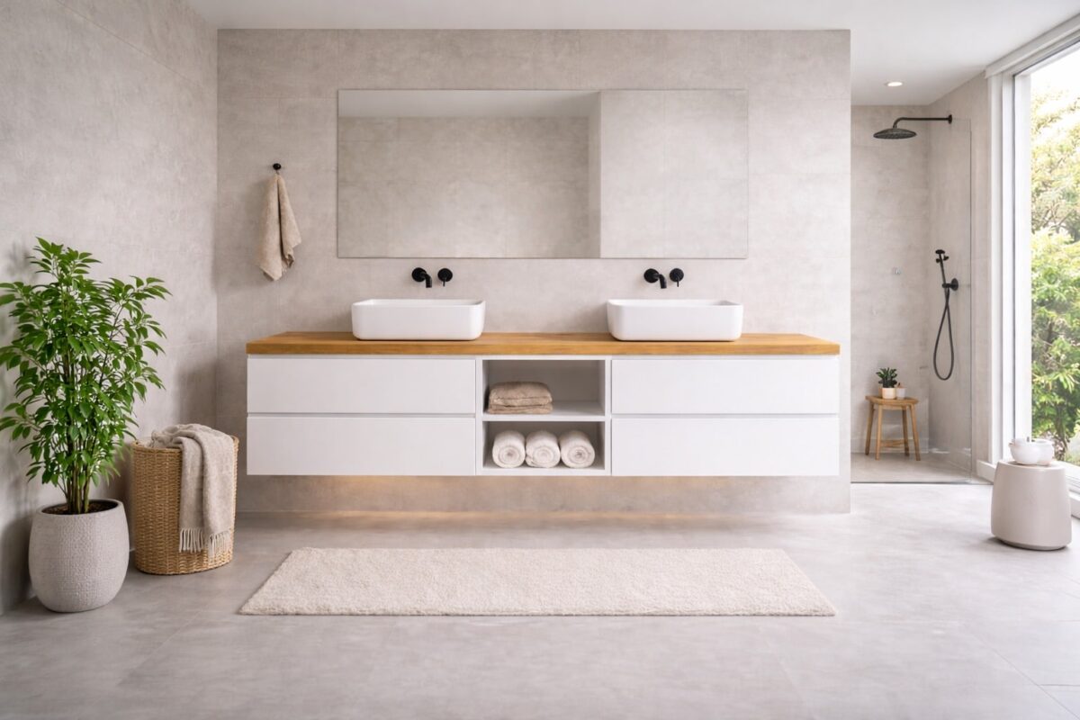 Meuble vasque sur mesure avec plateau en bois massif, avec niche ouverte, blanc
