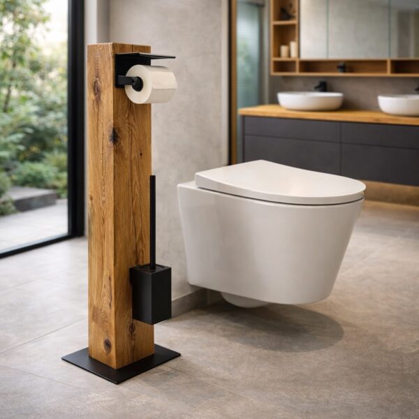 Porte-Papier Toilette Sur Pied En Chêne Massif, Vue Du Produit