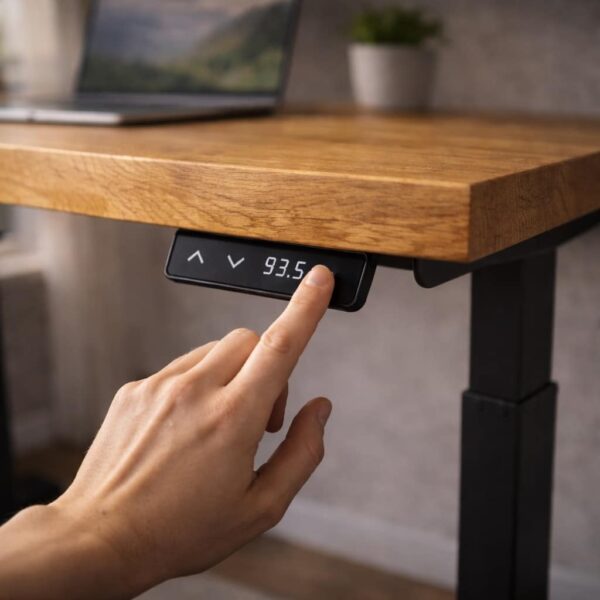 Bureau assis-debout en bois massif sur mesure, réglage en hauteur, panneau de commande