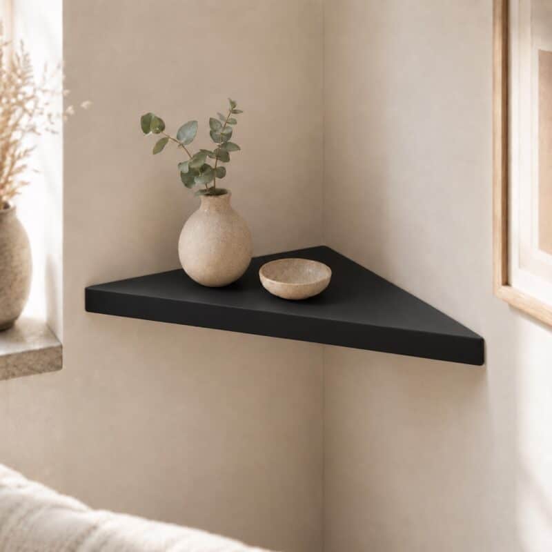Étagère d’angle flottante en bois massif, noir