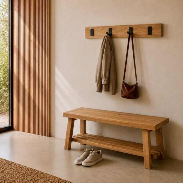 Banc d’entrée en chêne avec étagère à chaussures, vue principale, avec étagère à chaussures, en chêne