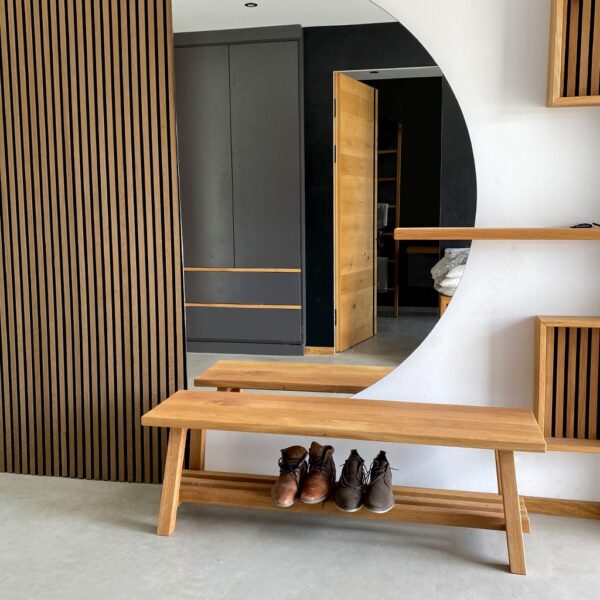 Banc d’entrée en chêne avec étagère à chaussures, en chêne