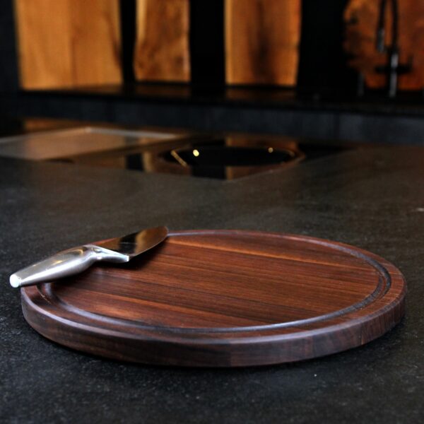 Planche À Découper Ronde Et Plateau De Service En Bois, Avec Rigole À Jus, En Noyer