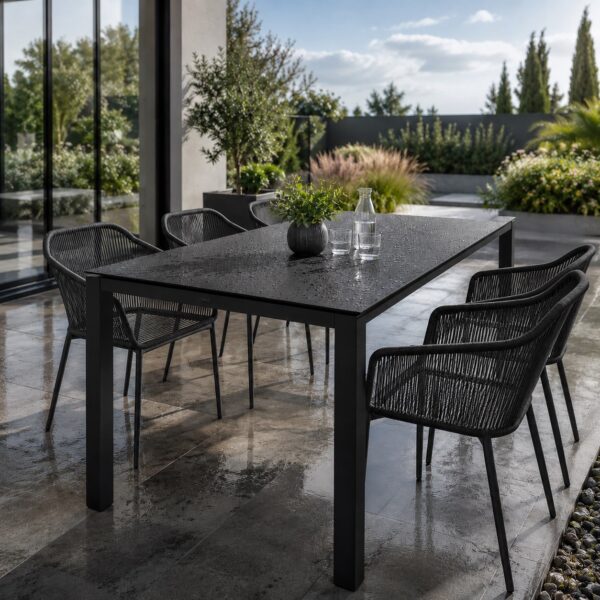 Table De Jardin Avec Plateau Hpl Et Piètement Zebra, Sous La Pluie, En Utilisation Extérieure