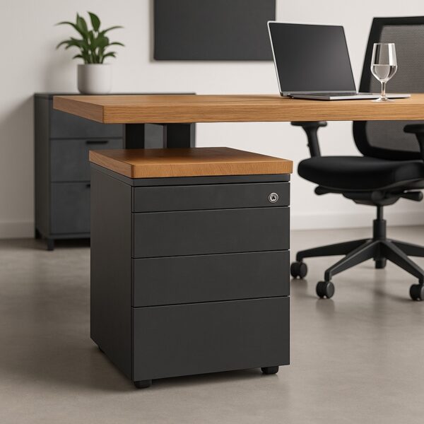 Caisson De Bureau À Roulettes Avec Plateau En Bois Massif, Vue Du Produit