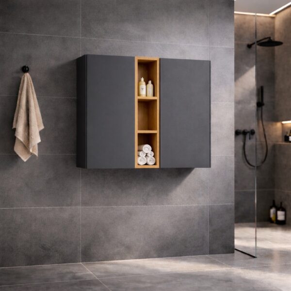 Armoire De Salle De Bains Sur Mesure, Avec Deux Portes, Gris Graphite, En Chêne