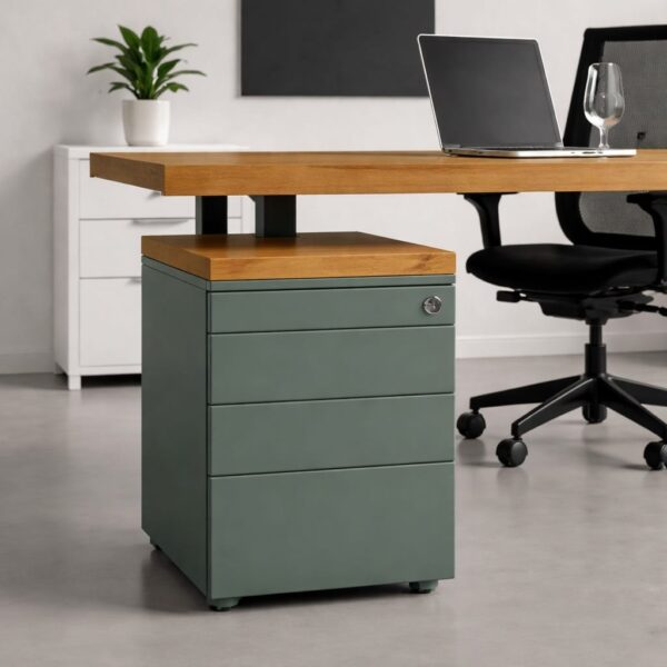 Caisson De Bureau À Roulettes Avec Plateau En Bois Massif, Vue Du Produit